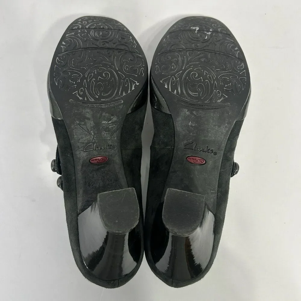 Clarks Diamond Suede Patent Leather Black Double Strap Mary Jane Heels Size 10M - Picture 7 of 7